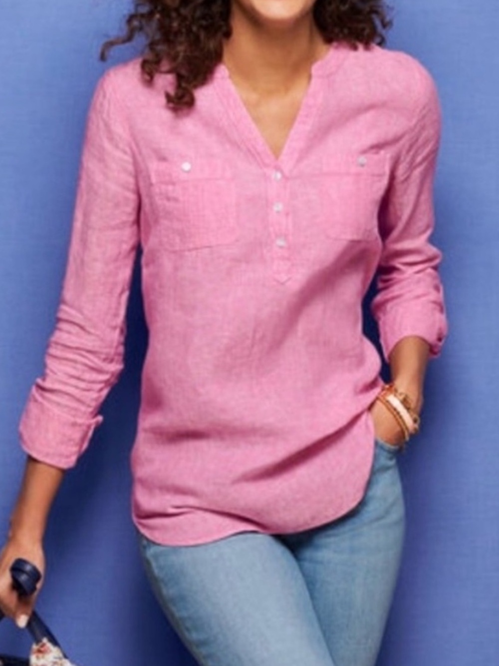 TALBOTS Pink 100% Linen Popover Blouse Roll Tab Sleeve Coastal Top M
